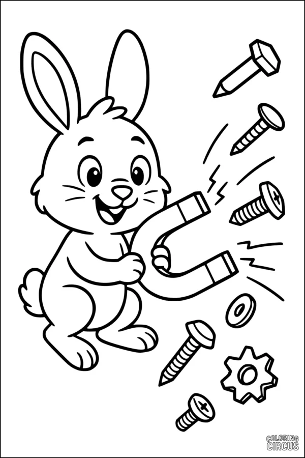 Coloring page of a cheerful rabbit holding a magnet attracting metal objects in a playful science scene