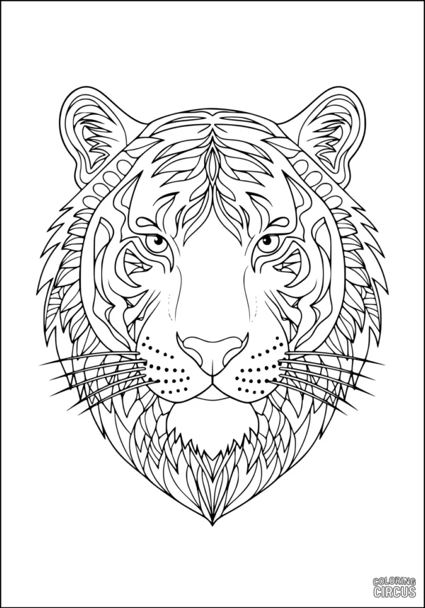 Coloring page featuring a detailed tiger face with decorative patterns for kids and adults
