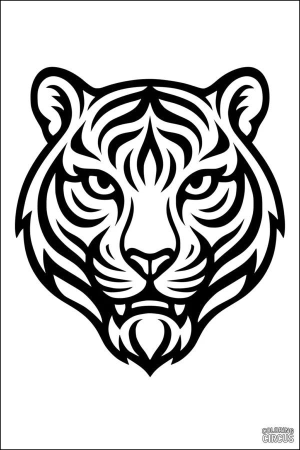 Coloring page of a bold tiger face with strong stripes, designed for older children or teens
