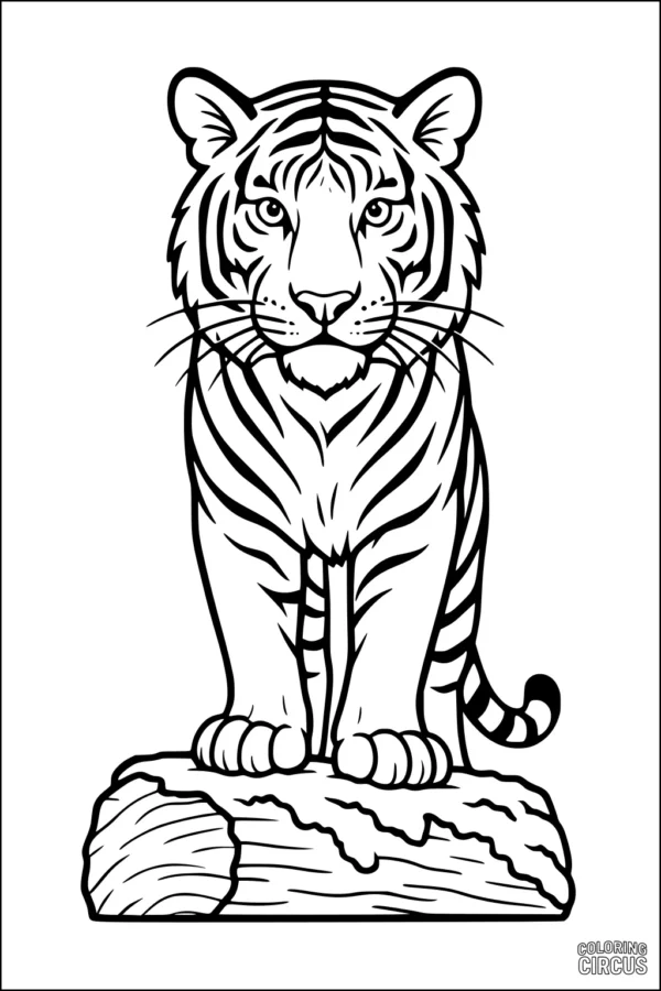 Coloring page featuring a detailed tiger sitting on a log with expressive stripes and a calm face.