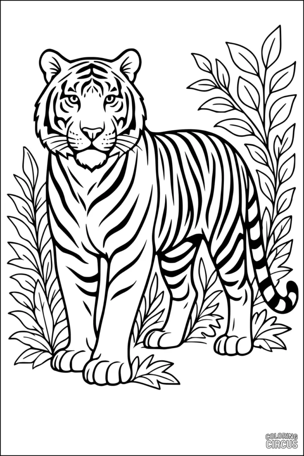 Coloring page featuring a tiger standing among jungle leaves, detailed stripes, and plants
