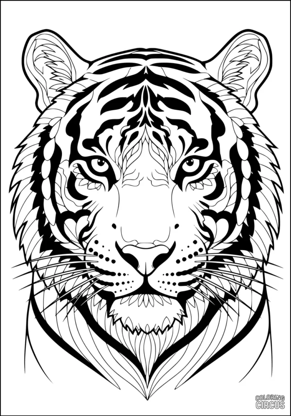 Coloring page of a detailed tiger face with intricate line patterns in the jungle