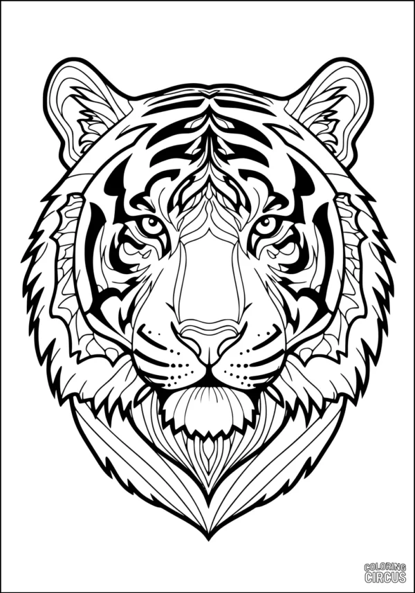 Coloring page featuring an intricate tiger face with stylized patterns for children and adults