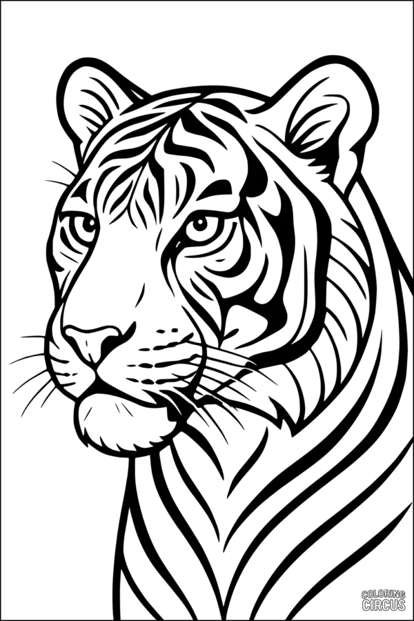 Coloring page showing a realistic tiger head with detailed stripes