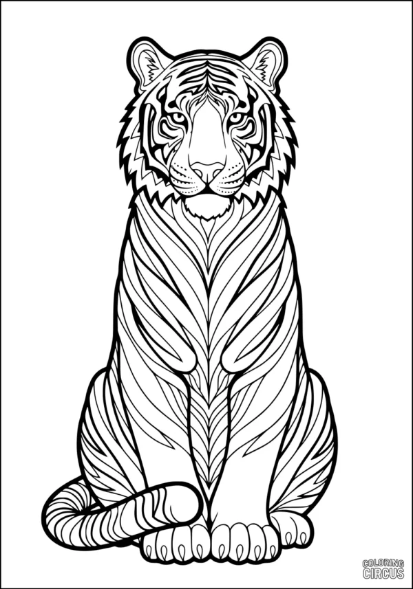 Coloring page showing detailed sitting tiger with patterned stripes