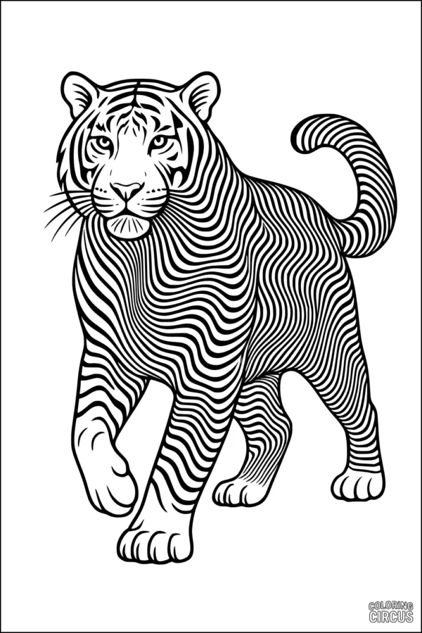 Coloring page featuring a detailed striped tiger walking proudly, ideal for kids and adults