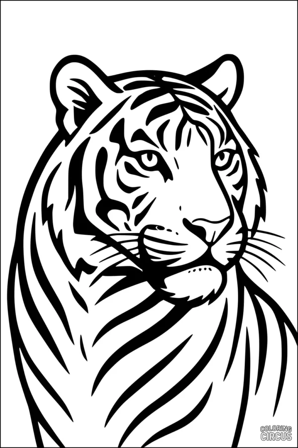 Coloring page featuring a detailed tiger portrait with bold stripes for kids and families