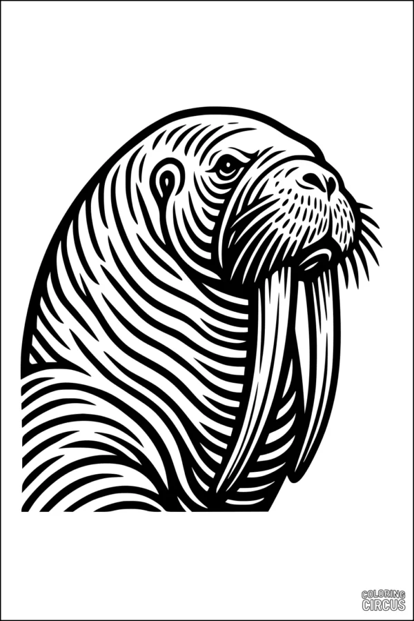 Coloring page showing a detailed walrus portrait with flowing fur and long tusks