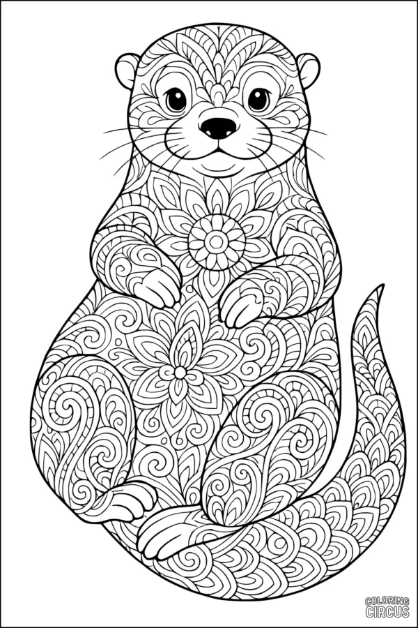 Coloring page of a cute otter with intricate mandala floral patterns