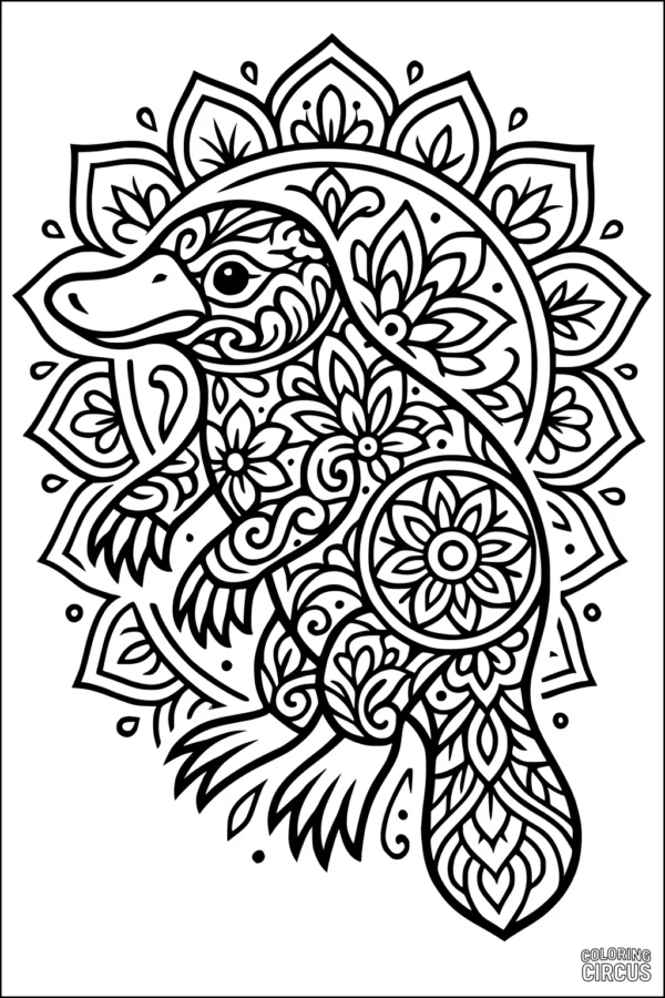 Coloring page featuring a detailed mandala-style platypus surrounded by intricate floral patterns