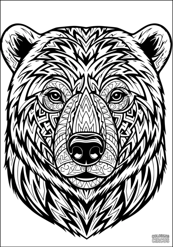 Coloring page featuring a detailed mandala-style polar bear face with intricate patterns