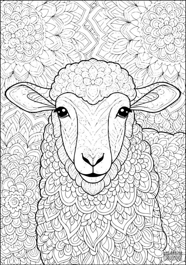 Coloring page featuring a detailed mandala-style sheep with floral and geometric background