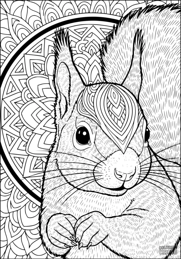 Coloring page featuring a detailed squirrel with mandala background for kids and adults