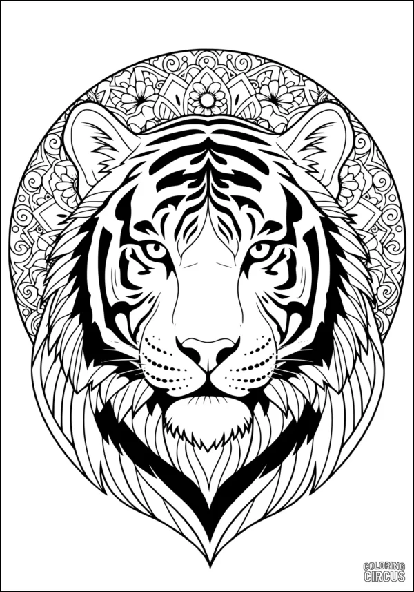 Coloring page of a detailed tiger face with mandala floral background for advanced colorists