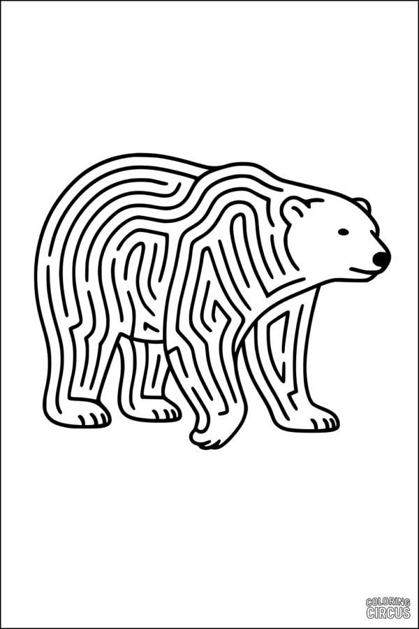 Coloring page featuring a polar bear with maze-like stripes for children