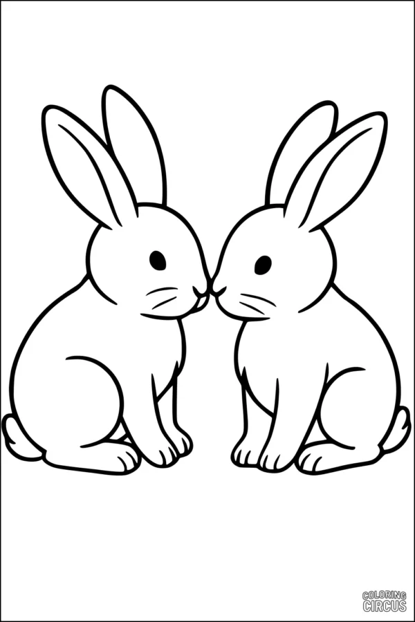 Coloring page of two rabbits sitting face to face, simple cartoon style