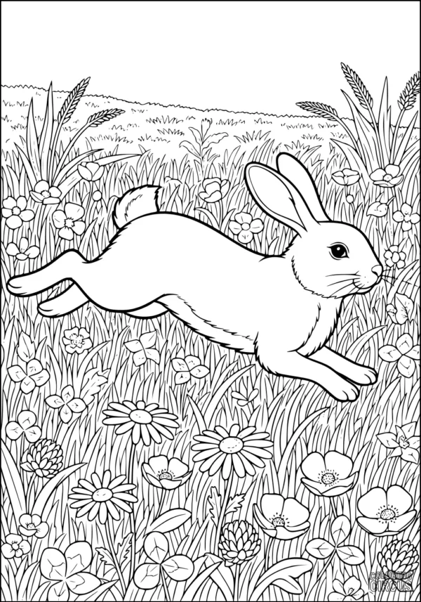 Coloring page featuring a rabbit leaping through a detailed meadow filled with flowers and tall grasses