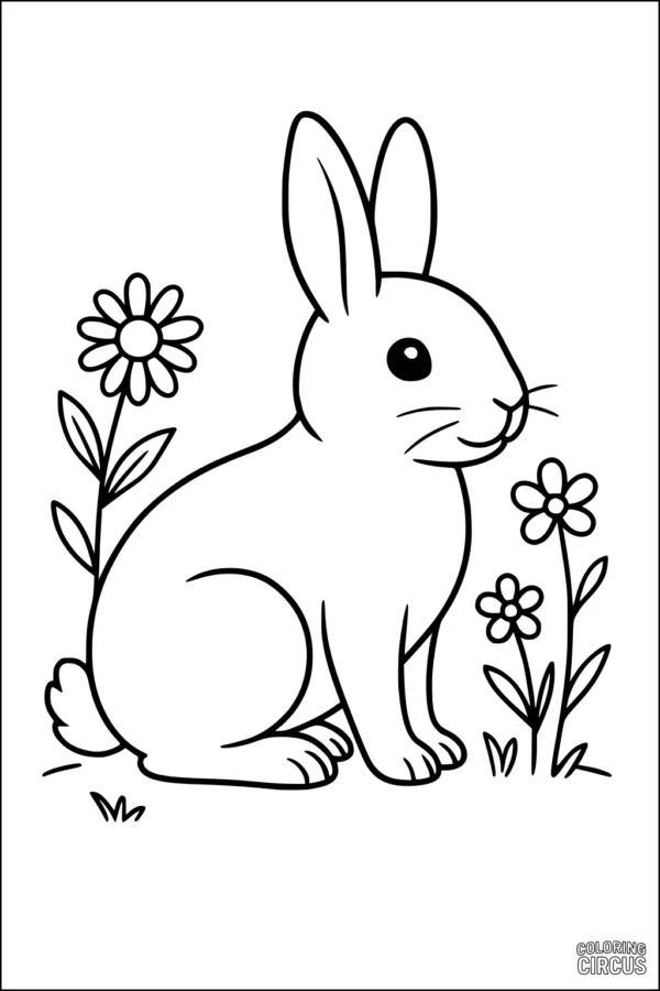 Coloring page of a cute rabbit sitting in a meadow with simple flowers around it