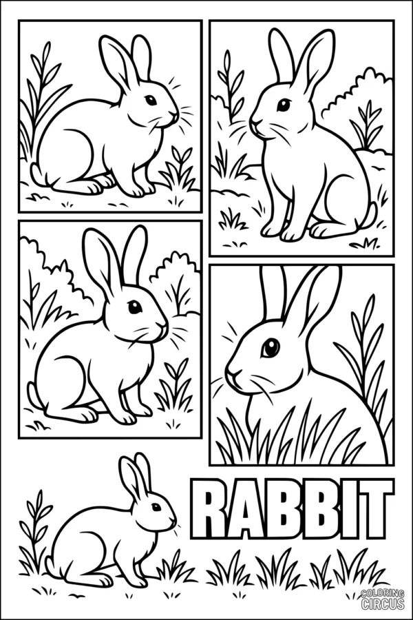 Coloring page with several rabbits in a grassy meadow, divided into panels, suitable for young children