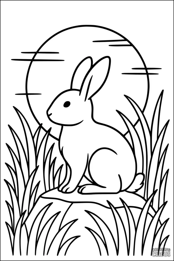 Coloring page with a rabbit sitting in tall grass under the sun