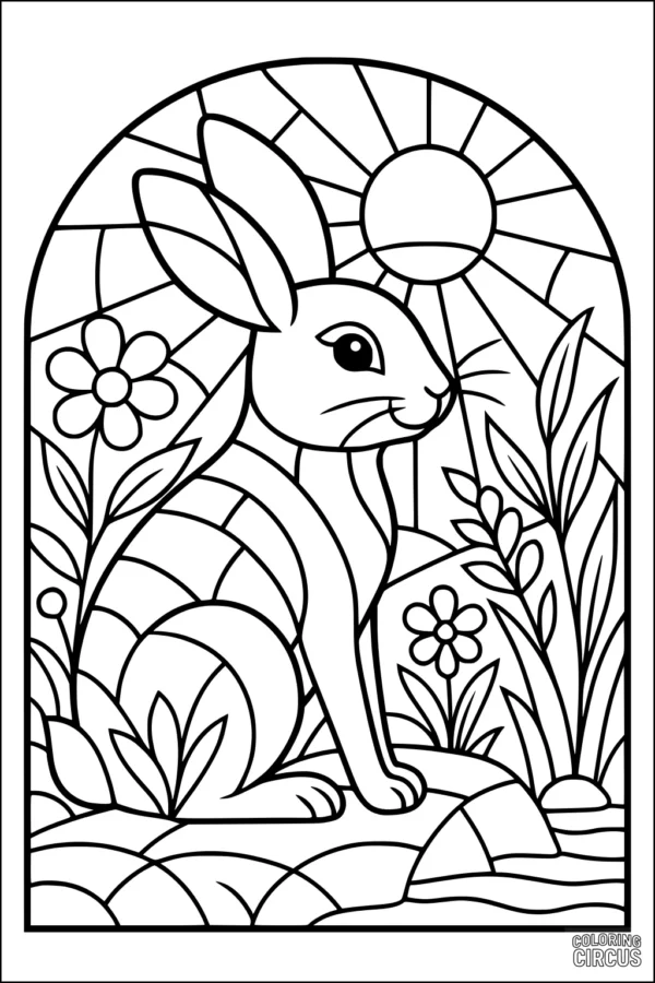 Coloring page featuring a rabbit in a sunny flower-filled meadow with large sun and stylized plants