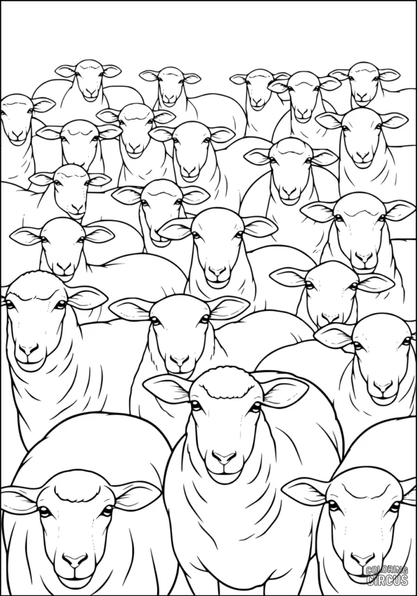 Coloring page featuring a large flock of detailed sheep standing together, suitable for older children and adults