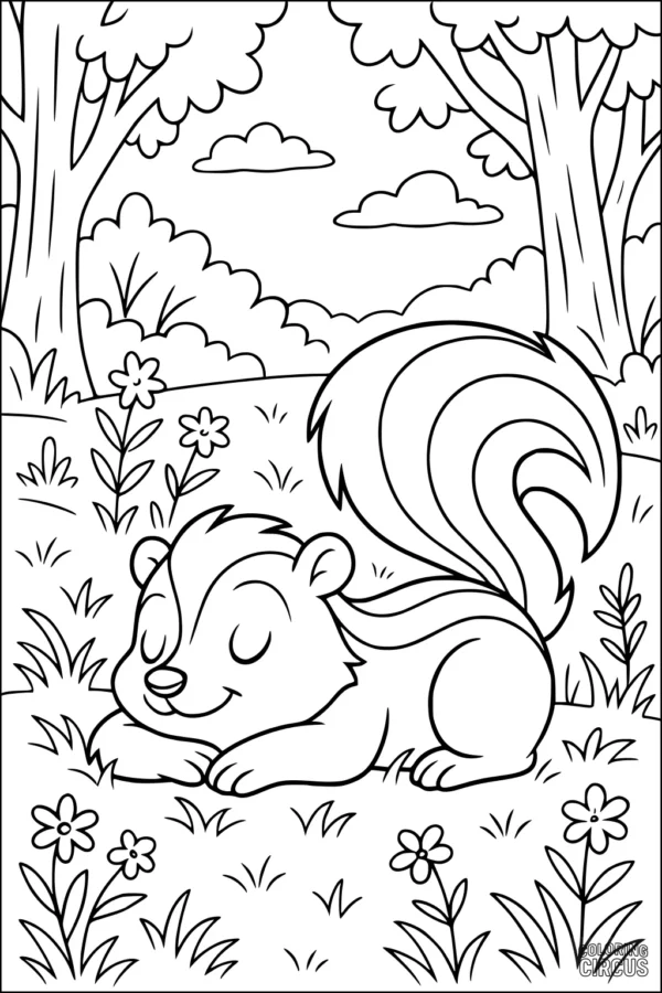 Coloring page of a friendly skunk napping in a meadow with flowers, trees, and clouds in the background
