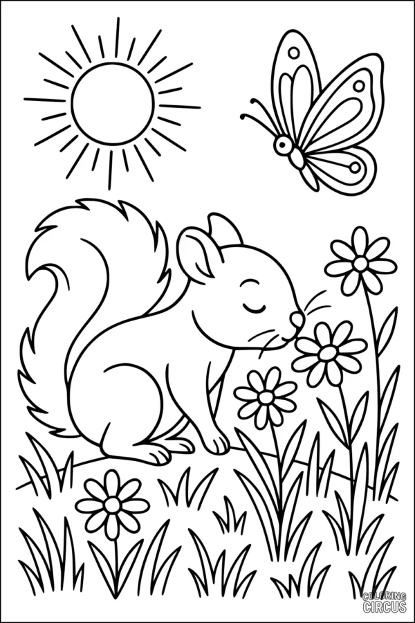 Coloring page featuring a cute squirrel in a flower-filled meadow with a butterfly and sun