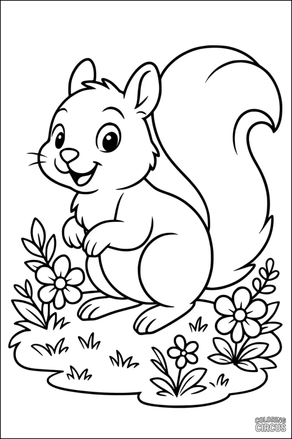 Coloring page with a cheerful cartoon squirrel sitting in a flower-filled meadow