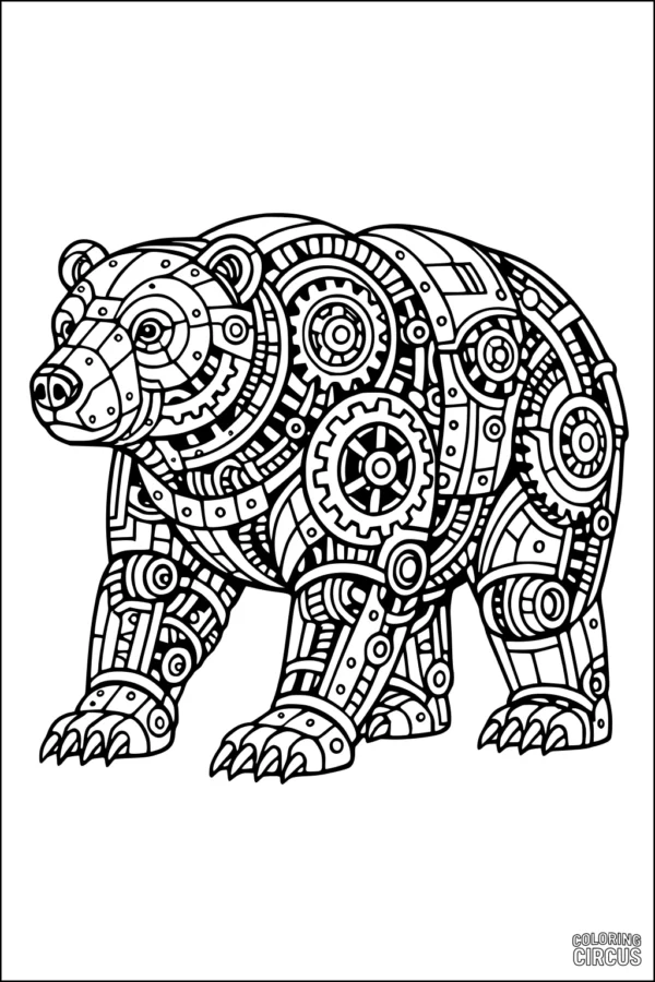 Coloring page of a robotic polar bear made of intricate gears and mechanical parts