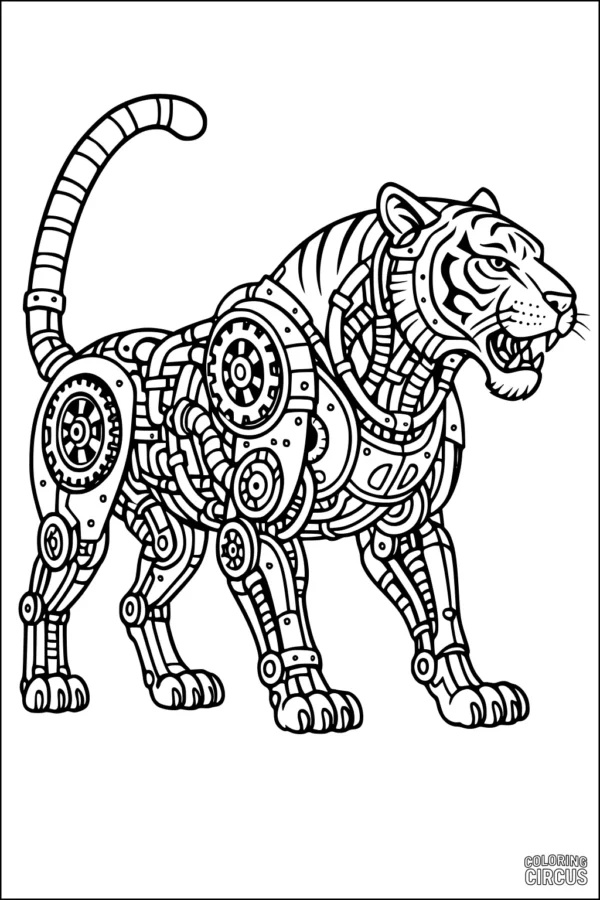 Coloring page of a robotic tiger with gears and mechanical features