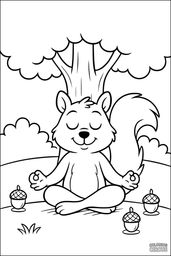 Coloring page of a smiling squirrel meditating under a tree with acorns nearby in a park