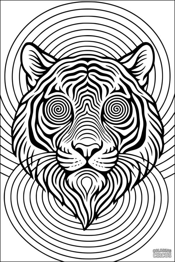 Coloring page showing tiger face with geometric swirl patterns