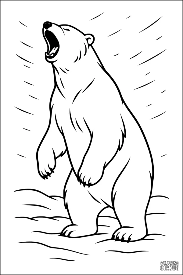 Coloring page of a roaring polar bear standing on icy snow in the arctic