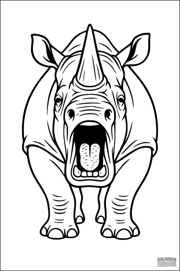 Coloring page featuring a front-view rhinoceros with open mouth and prominent horn
