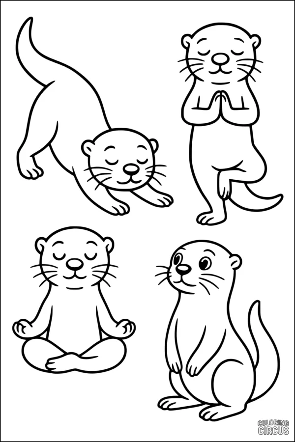 Coloring page featuring four cute cartoon otters practicing yoga and meditation poses