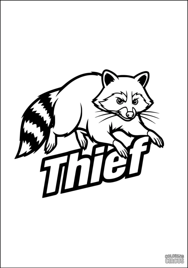 Coloring page featuring a playful raccoon with the word 'Thief', suitable for children