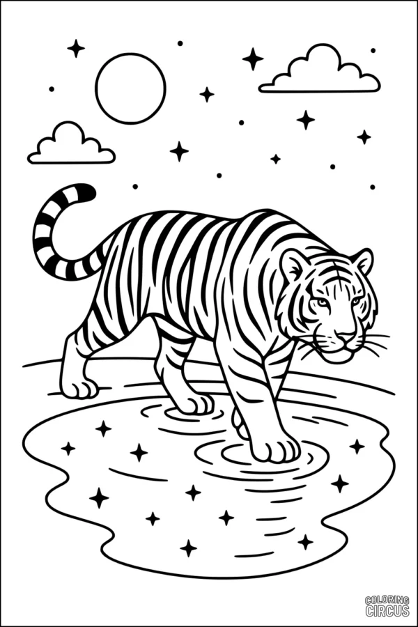 Coloring page of a majestic tiger walking through a pond at night with stars, moon, and clouds in the background