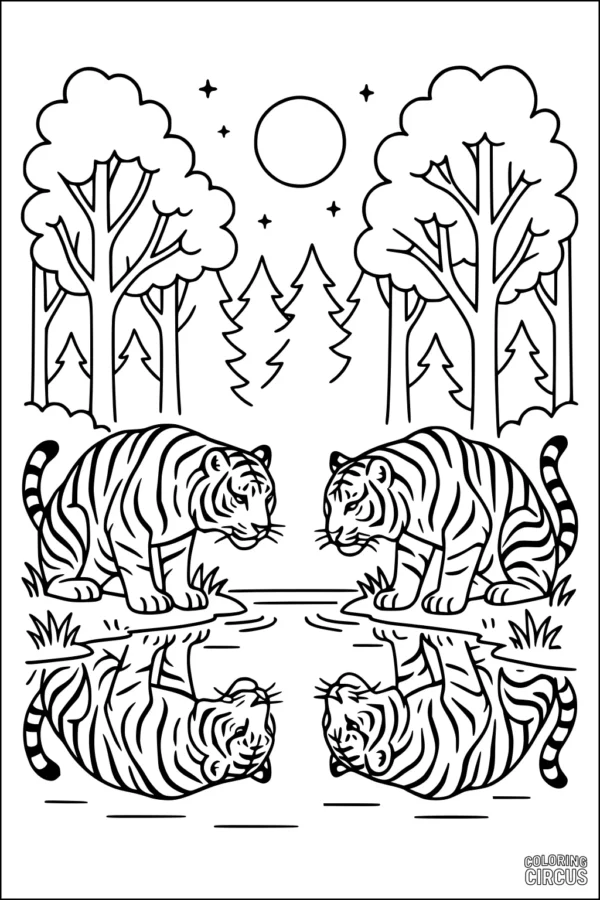 Coloring page showing two tigers looking in a forest pond with trees, moon, and stars in the background