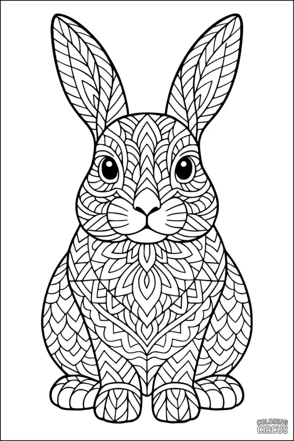 Coloring page featuring a detailed patterned rabbit with complex mosaic designs