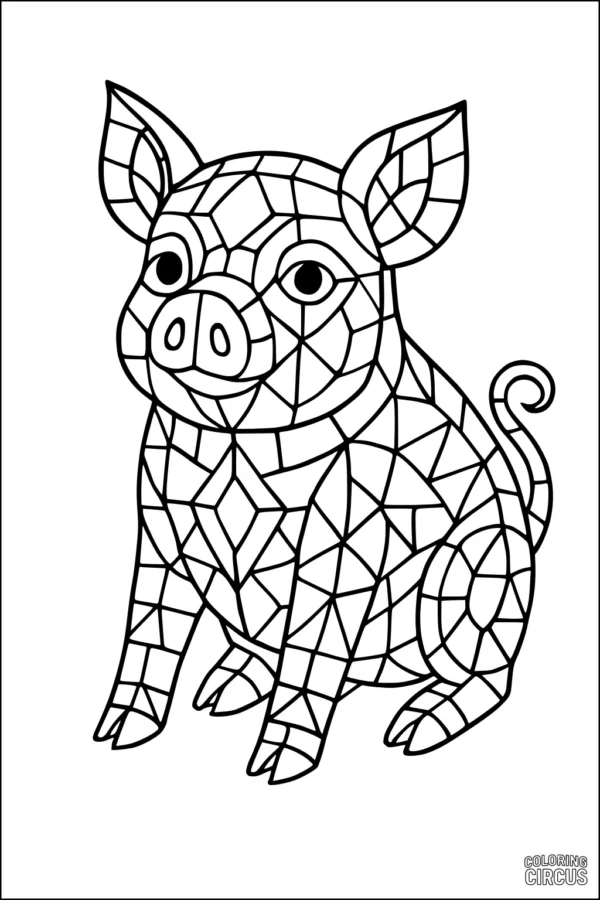 Coloring page of a mosaic-patterned pig with geometric shapes