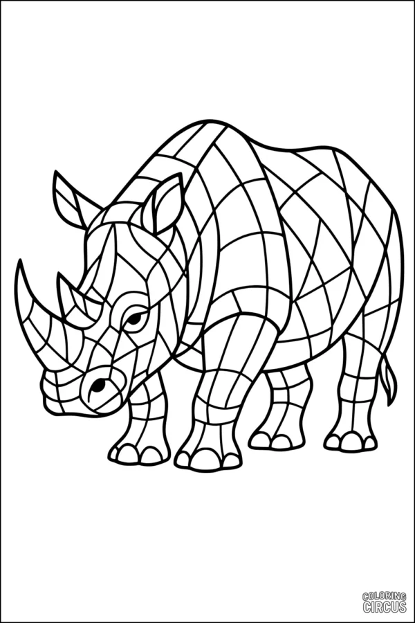 Coloring page featuring a geometric rhinoceros with mosaic pattern lines
