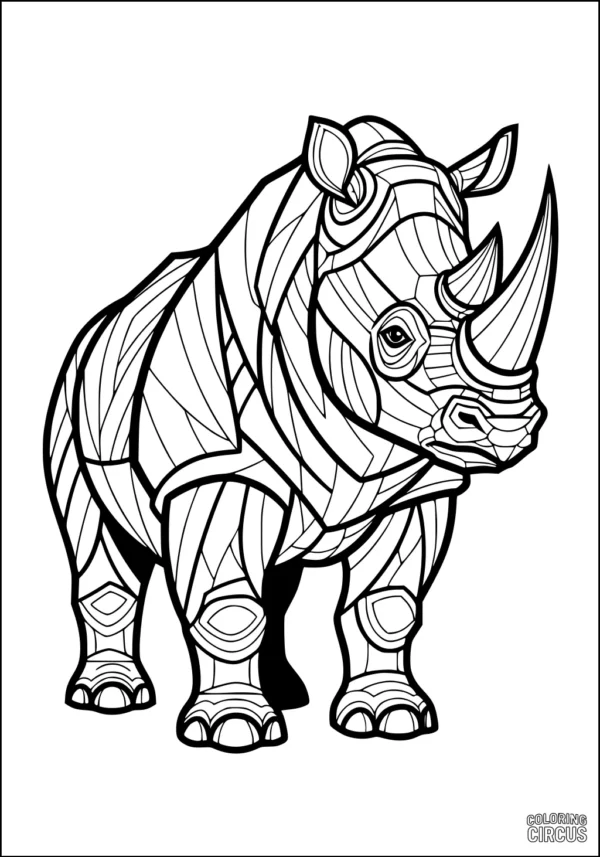 Coloring page of a rhinoceros with bold mosaic-style patterns