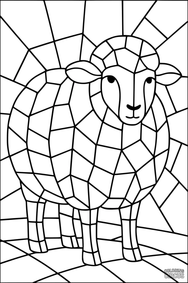 Coloring page of a sheep in a geometric mosaic style with a radiant background