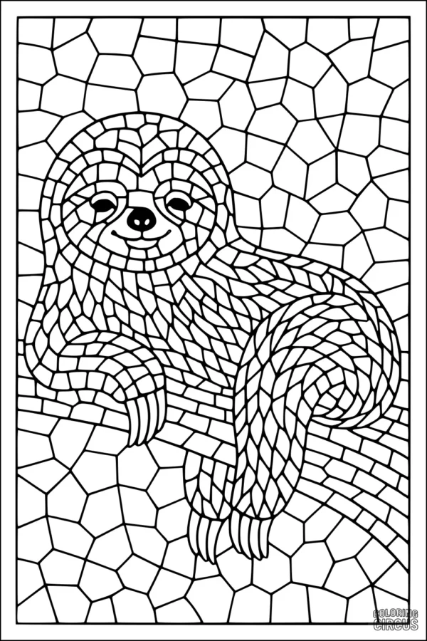 Coloring page featuring a mosaic-style sloth relaxing on a branch