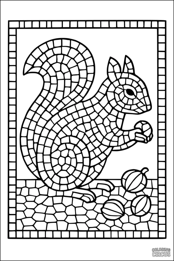 Coloring page of a squirrel depicted in a mosaic-tile style holding acorns, with a decorative border