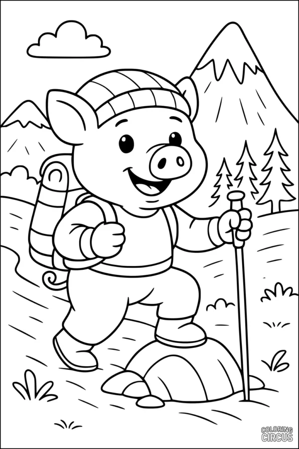 Coloring page showing a cartoon pig hiking in the mountains with a backpack and hat
