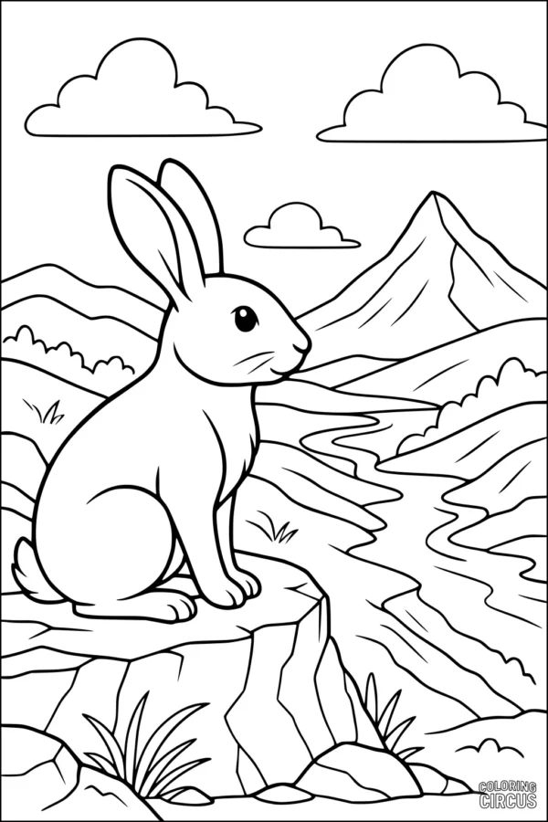 Coloring page of a rabbit sitting on a rock by a river with mountains and clouds in the background