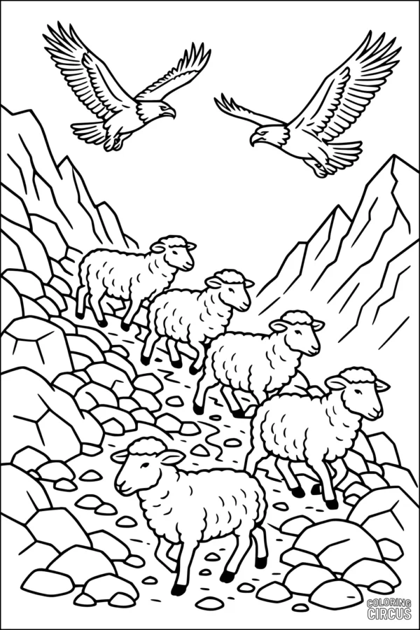 Coloring page with five sheep walking on a rocky mountain path while two birds fly overhead.
