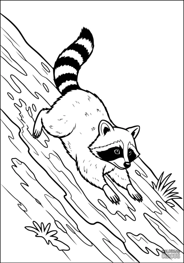 Coloring page showing a cartoon raccoon sliding down a muddy hill